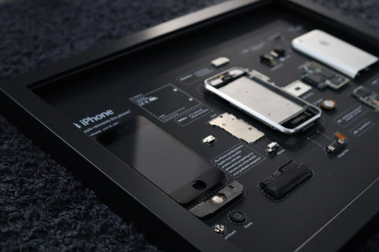 Framed Disassembled phone 1st Gen (2G): Retro Tech Wall Art