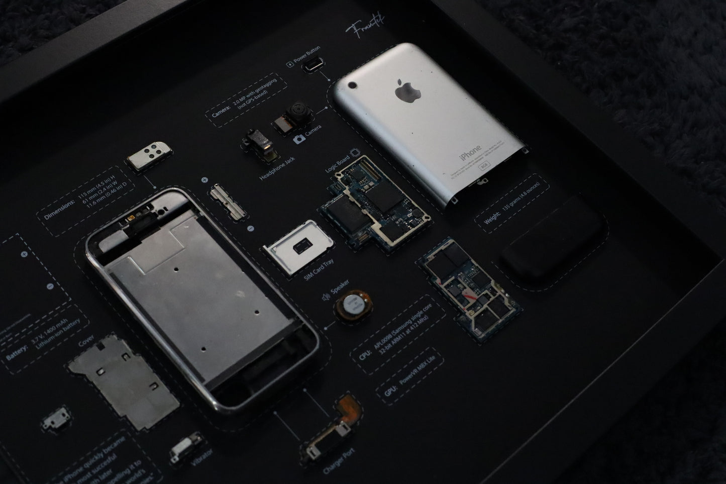 Framed Disassembled phone 1st Gen (2G): Retro Tech Wall Art