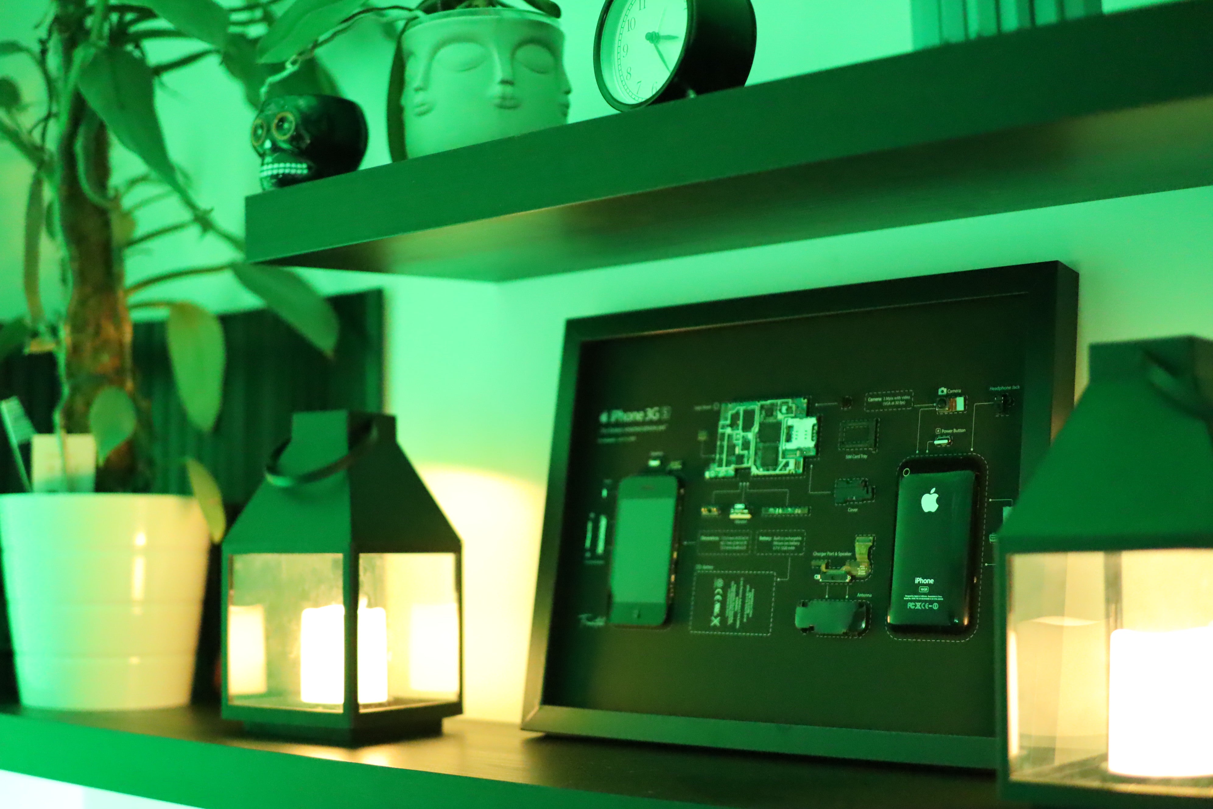 A close-up, detailed view of a disassembled electronic device, showcasing its internal components like circuits and chips, elegantly framed.