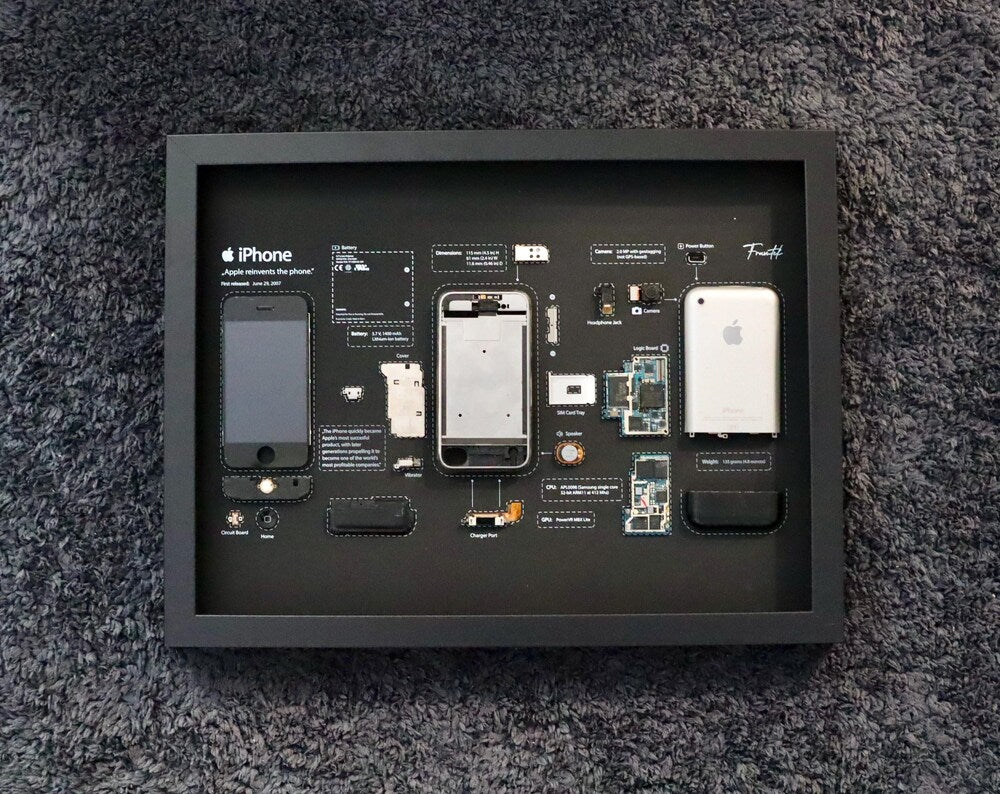 Framed Disassembled phone 1st Gen (2G): Retro Tech Wall Art