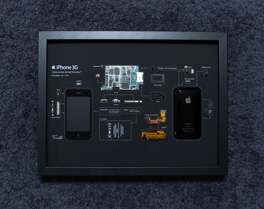 Framed Disassembled iPhone 3G - Retro Tech Wall Art - Matte Black Background
